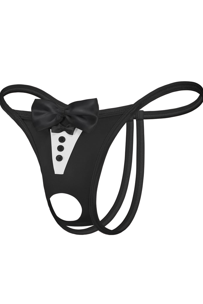 Black bowknot thong lingerie with white front panel, button details, and round cutout
