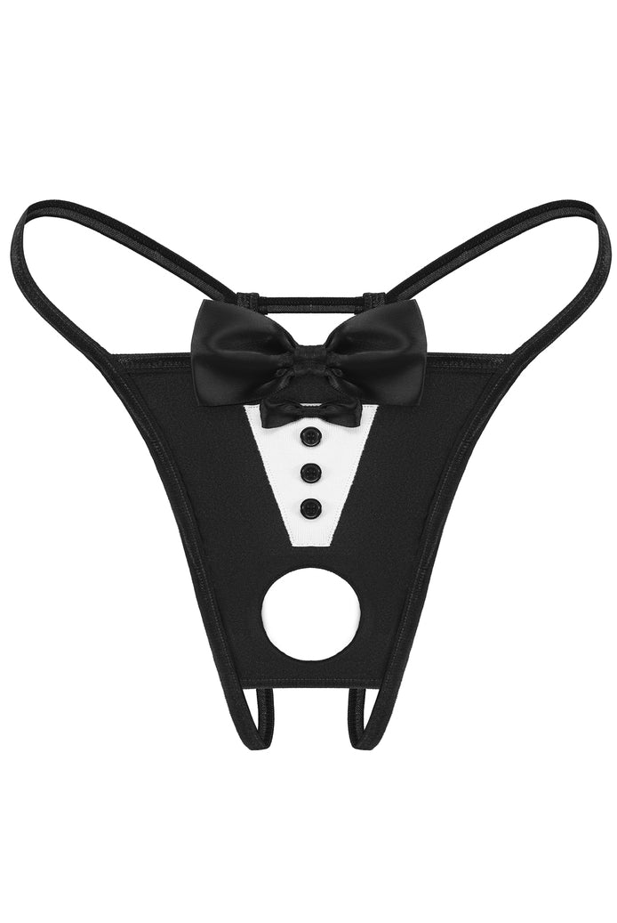 Black bowknot thong with white triangular panel, button row, and central round cutout