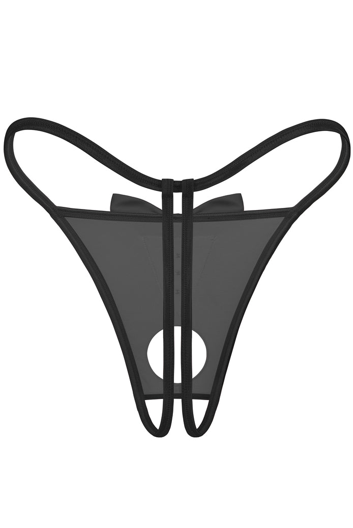 Black sheer bow strap thong with vertical tie detail and round cutout in front