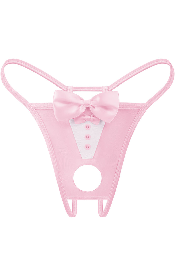 Pink bowknot thong lingerie with white triangular panel, button accents, and round cutout