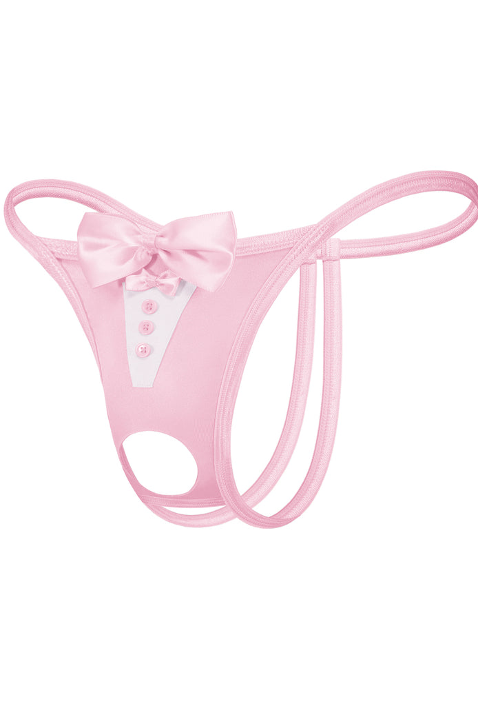 Pink bowknot thong with twin front straps and round cutout