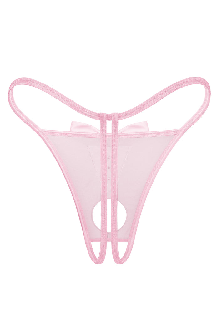 Pink sheer thong with vertical strap detail and round cutout in front