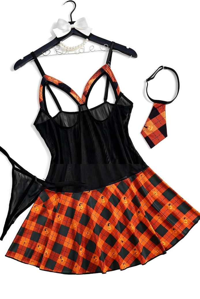 Black mesh camisole cosplay dress set with orange plaid skirt and tie thong