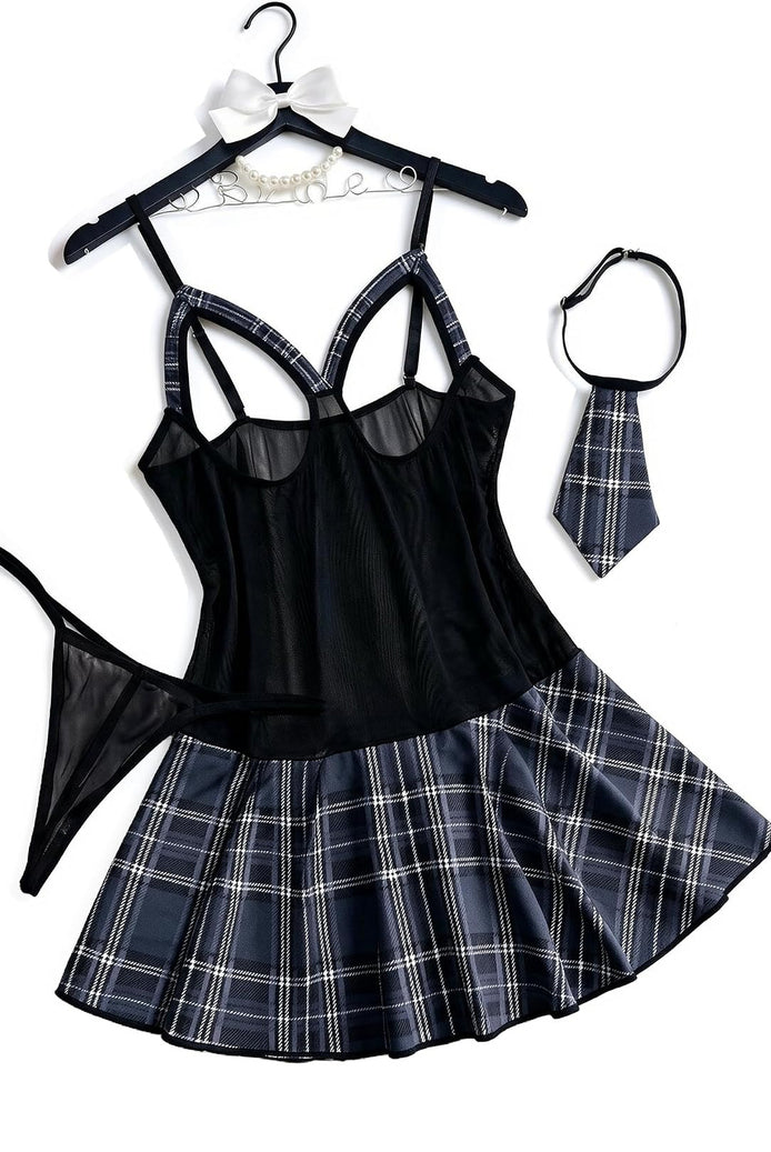 Black mesh camisole cosplay dress set with blue plaid skirt and tie thong