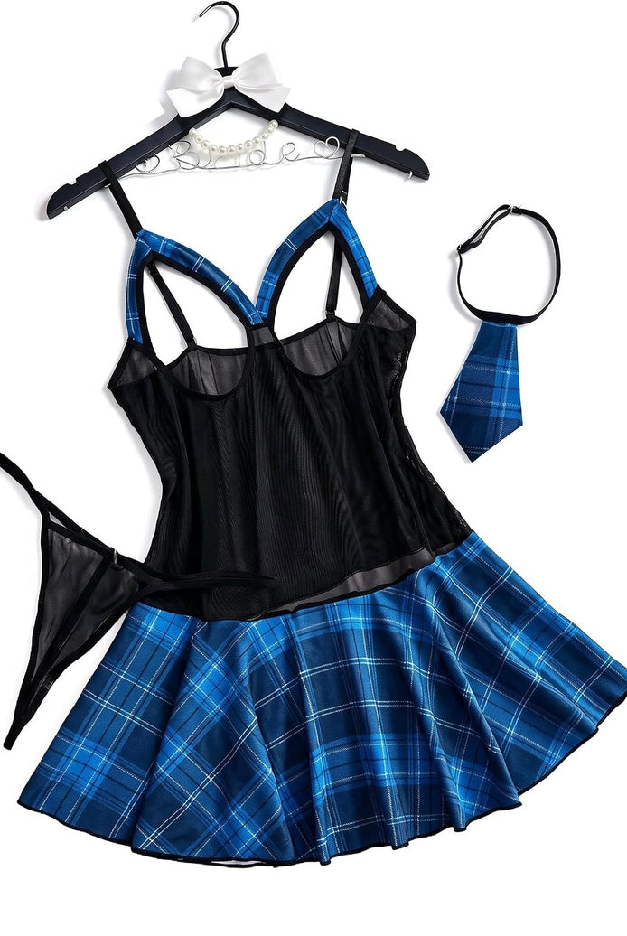 Black mesh camisole cosplay dress set with bright blue plaid skirt and tie thong