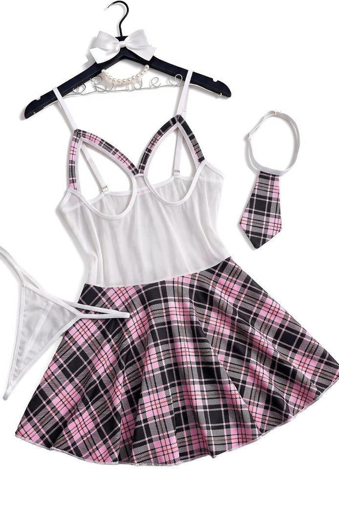 Plaid schoolgirl costume dress set with white corset-style top and pink plaid skirt, tie thong