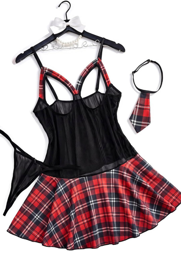 Plaid schoolgirl costume dress set with black corset-style top and red plaid skirt, tie thong