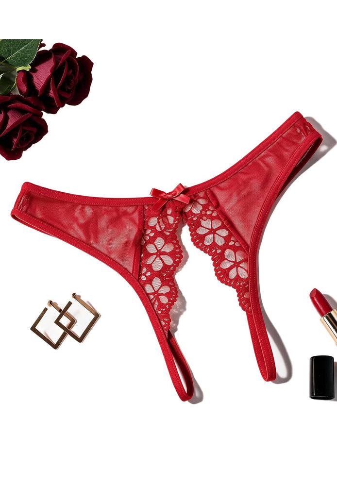 Red low-rise lace mesh thong with floral cutout panels and bow