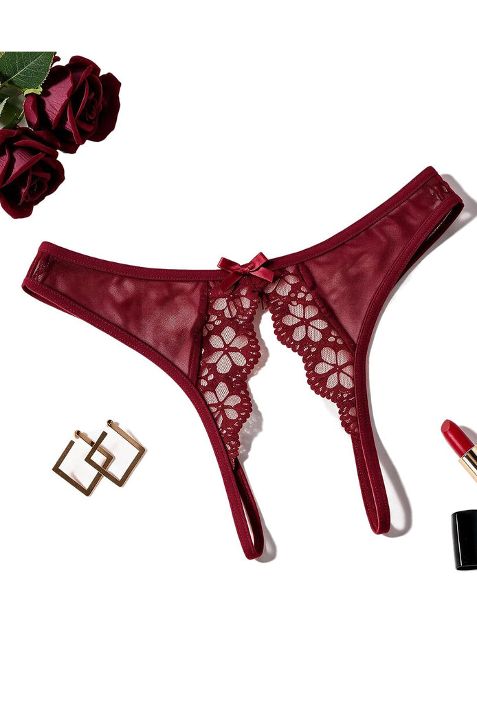 Wine red low-rise lace thong with floral cutout panels and bow detail