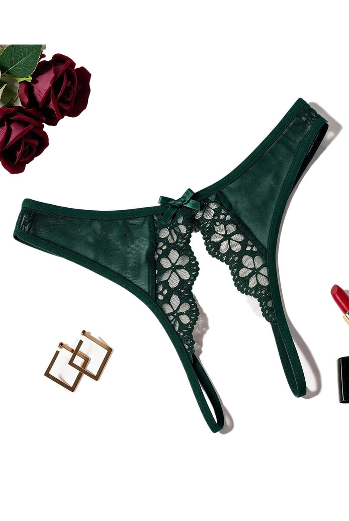 Green low-rise lace mesh thong with floral cutout lace and bow