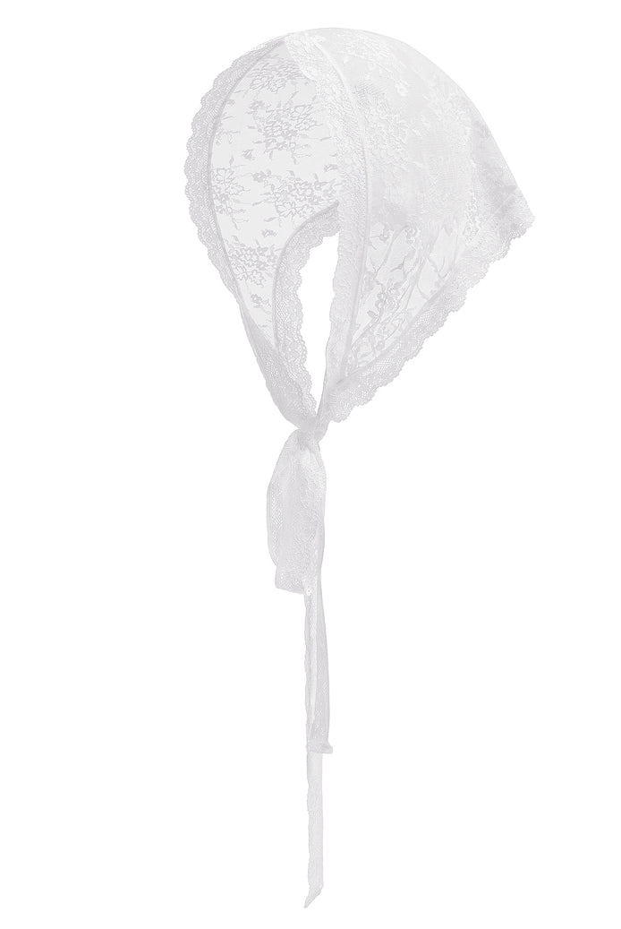 White floral lace triangle head scarf with sheer fabric and long hanging ties.