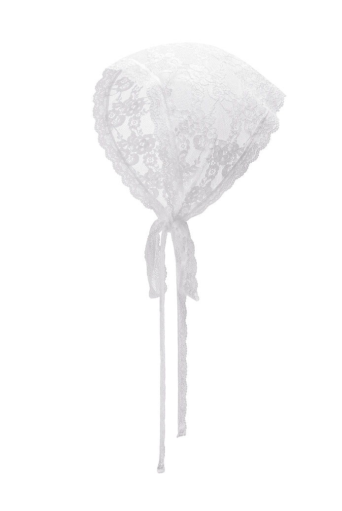 White lace triangle head scarf, sheer mesh with long ribbon tie ends.