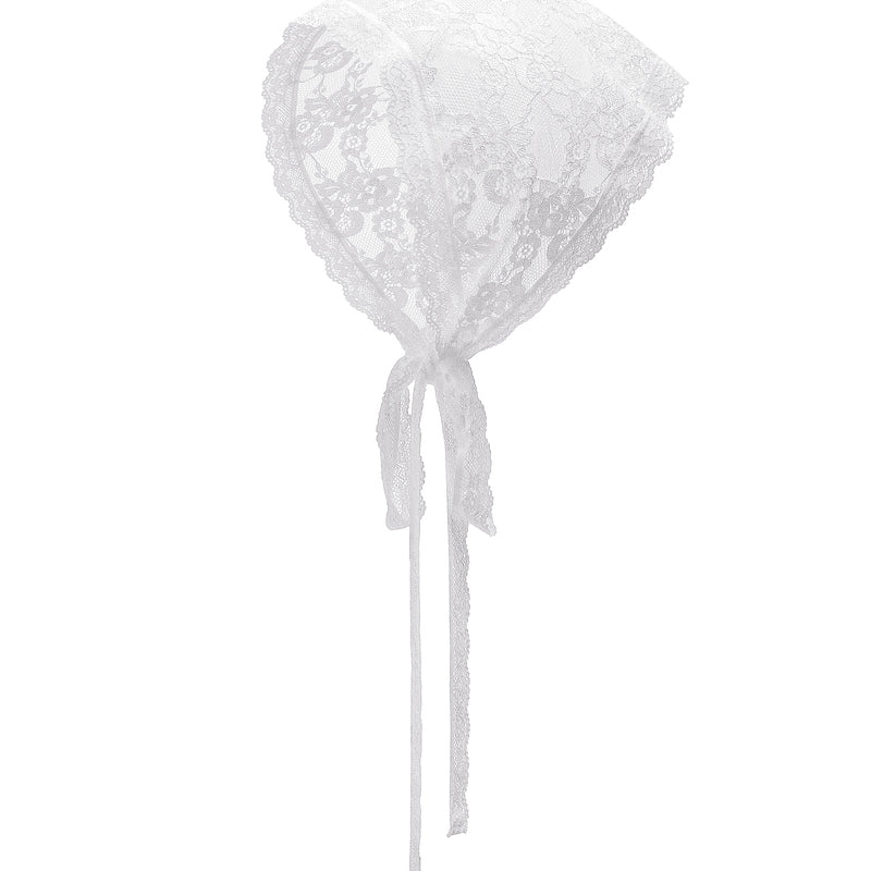 White lace triangle head scarf, sheer mesh with long ribbon tie ends.