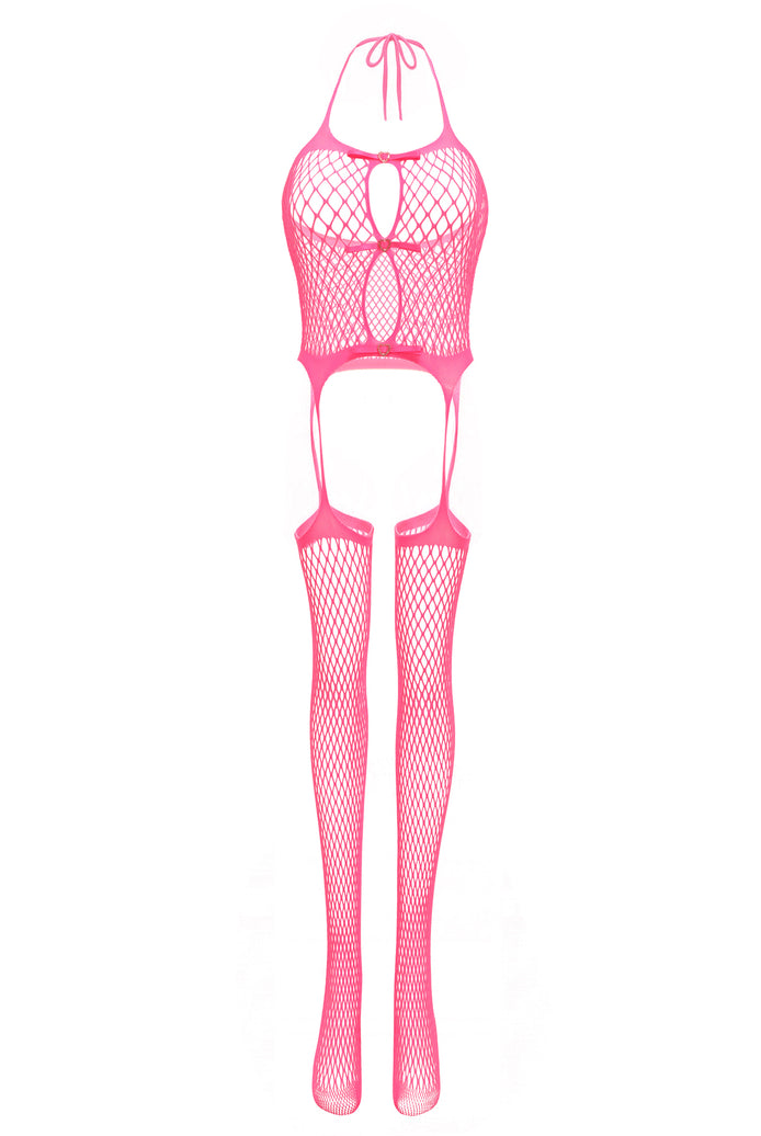 Hot pink fishnet bodysuit with hollow-out front and matching thigh-high stockings