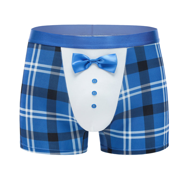 Blue plaid tuxedo boxer briefs with satin bow and white button front panel