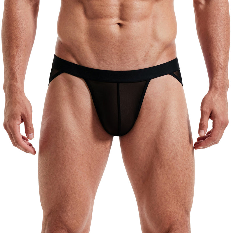 Men's sheer mesh bikini brief with contour pouch, low-rise high cut, black