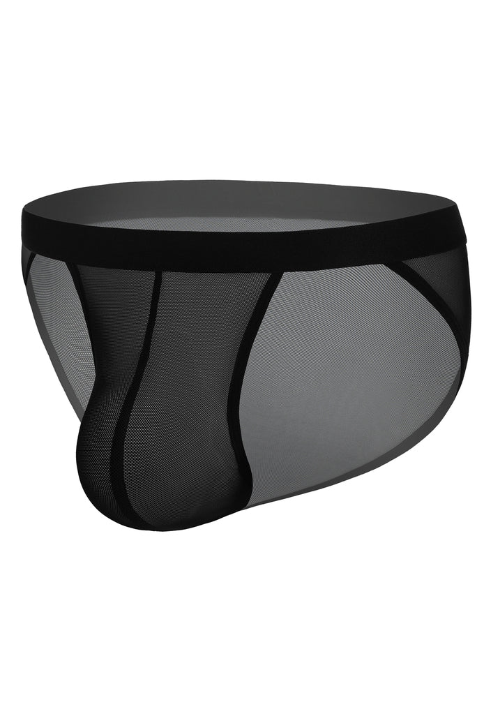 Men's sheer mesh bikini brief, side view, black with translucent front panel