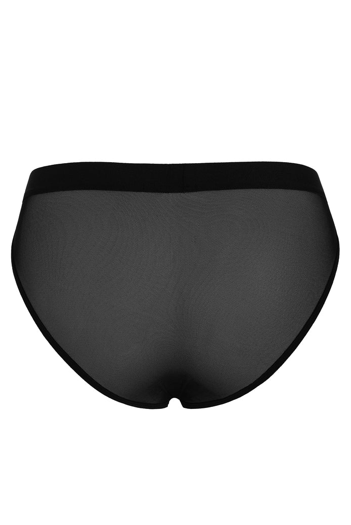 Men's sheer mesh bikini brief, back view, black with smooth low-cut leg openings
