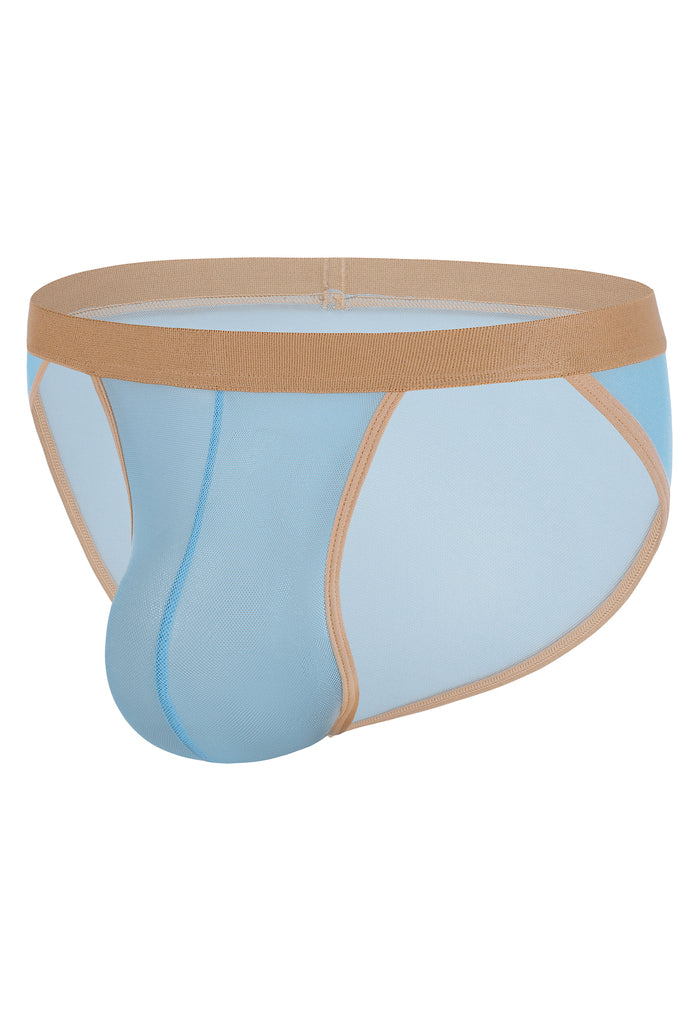Men's sheer mesh bikini brief, side view, light blue with tan/gold waistband