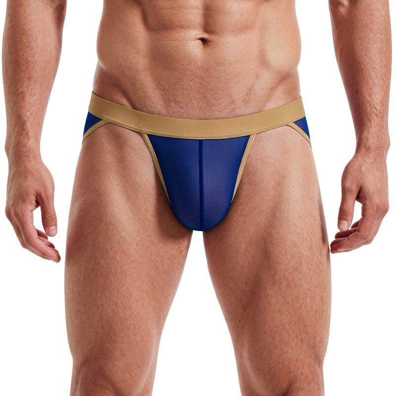 Men's sheer mesh bikini brief with contour pouch, low-rise high cut, blue with gold trim