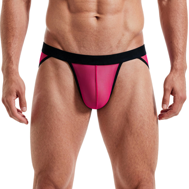 Men's sheer mesh bikini brief with contour pouch, low-rise high cut, pink with black trim