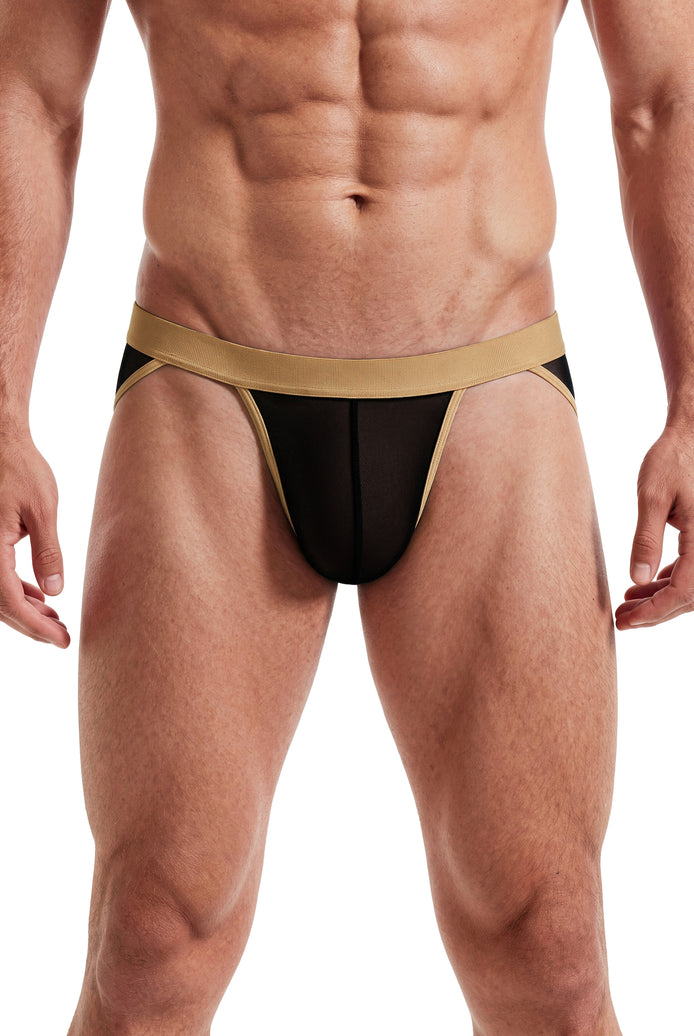 Men's black sheer mesh bikini brief with contour pouch, low rise, high cut, gold trim