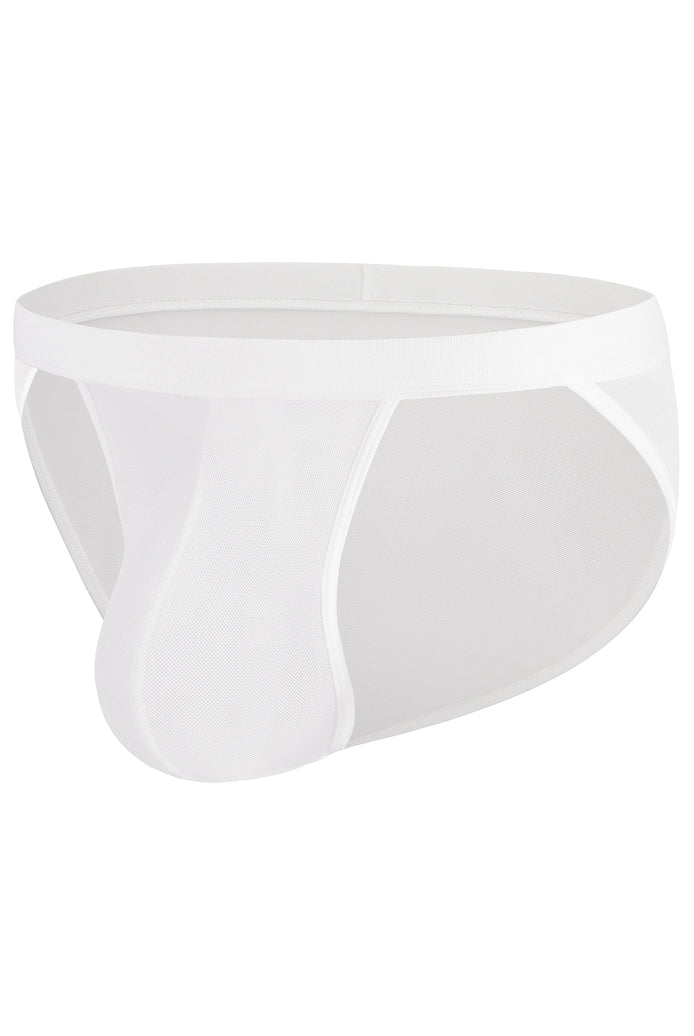Men's white sheer mesh bikini brief with contour pouch, low rise, high cut, side view
