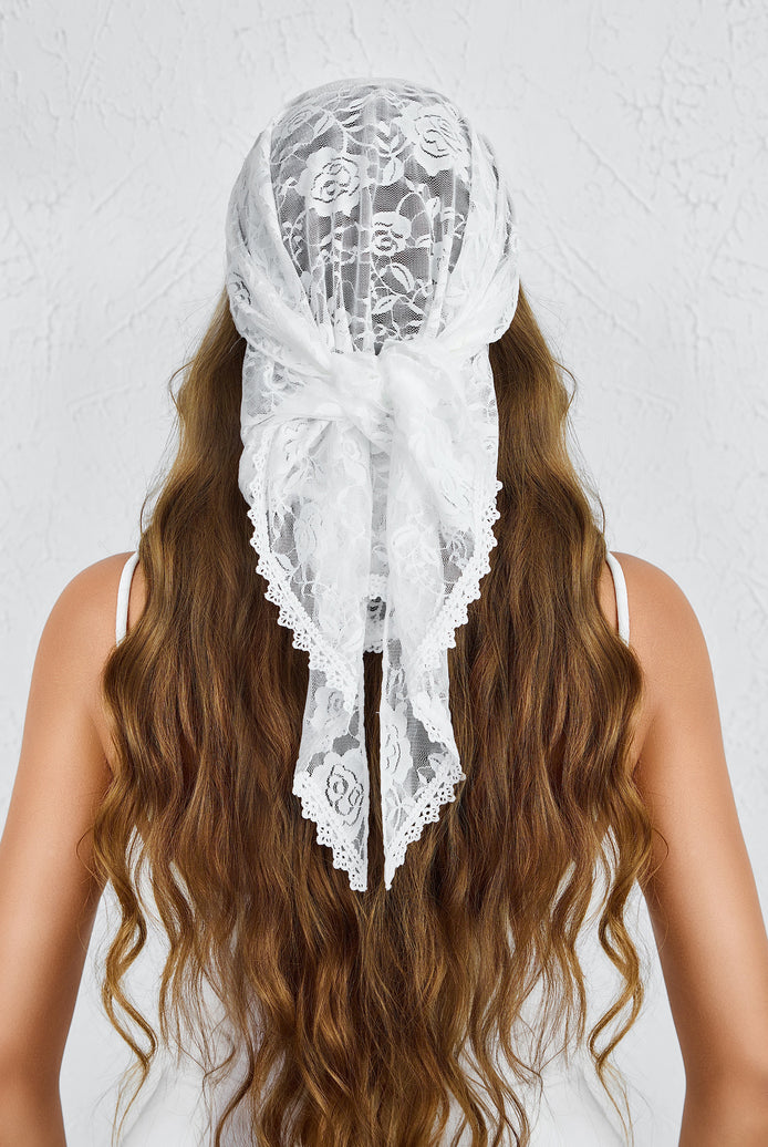 White lace head veil with floral embroidery, long drape, and scalloped edging at ends.