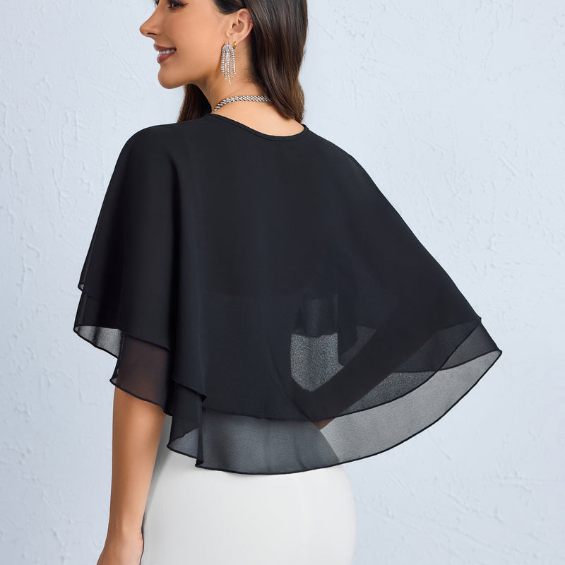 Black chiffon capelet shawl with tiered ruffle layers, draped wrap.