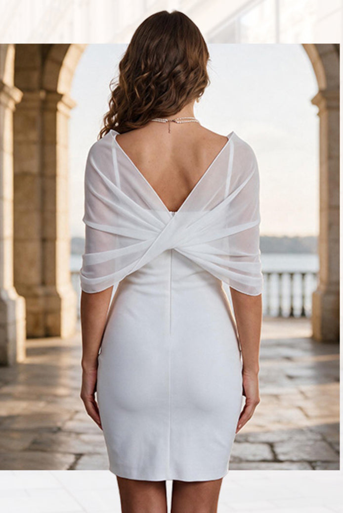 Sheer chiffon shawl wrap cape poncho, white back drape with central knot