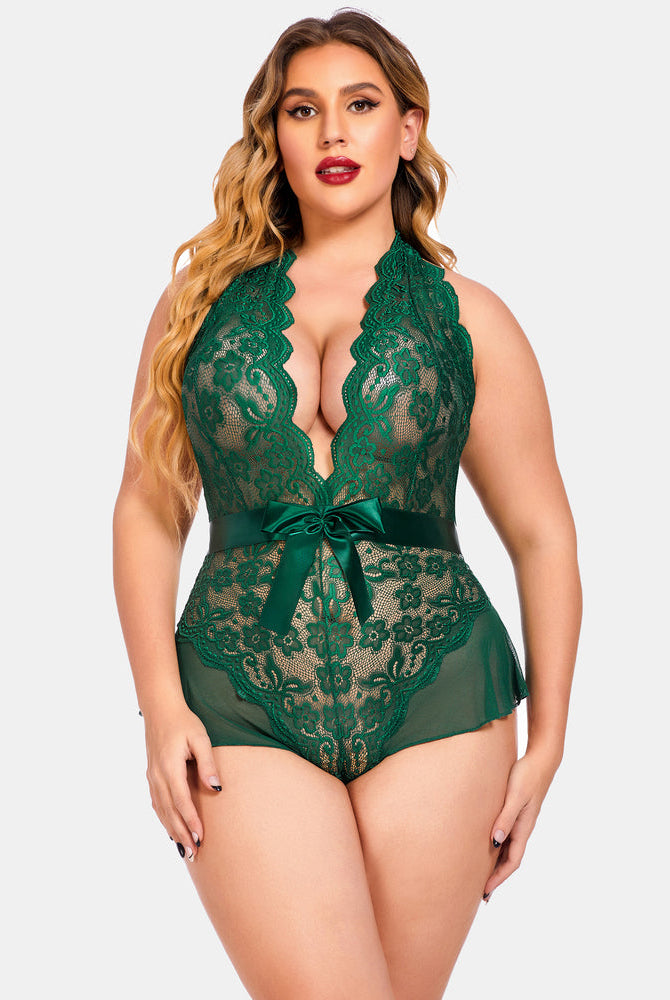 Plus Size Green Halter Lace Bodysuit with Satin Bow, Floral Lace Detailing - Sexy Lingerie