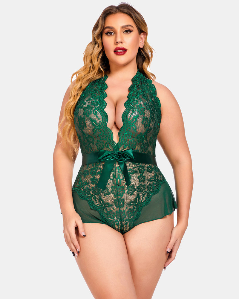 Plus Size Green Halter Lace Bodysuit with Satin Bow, Floral Lace Detailing - Sexy Lingerie