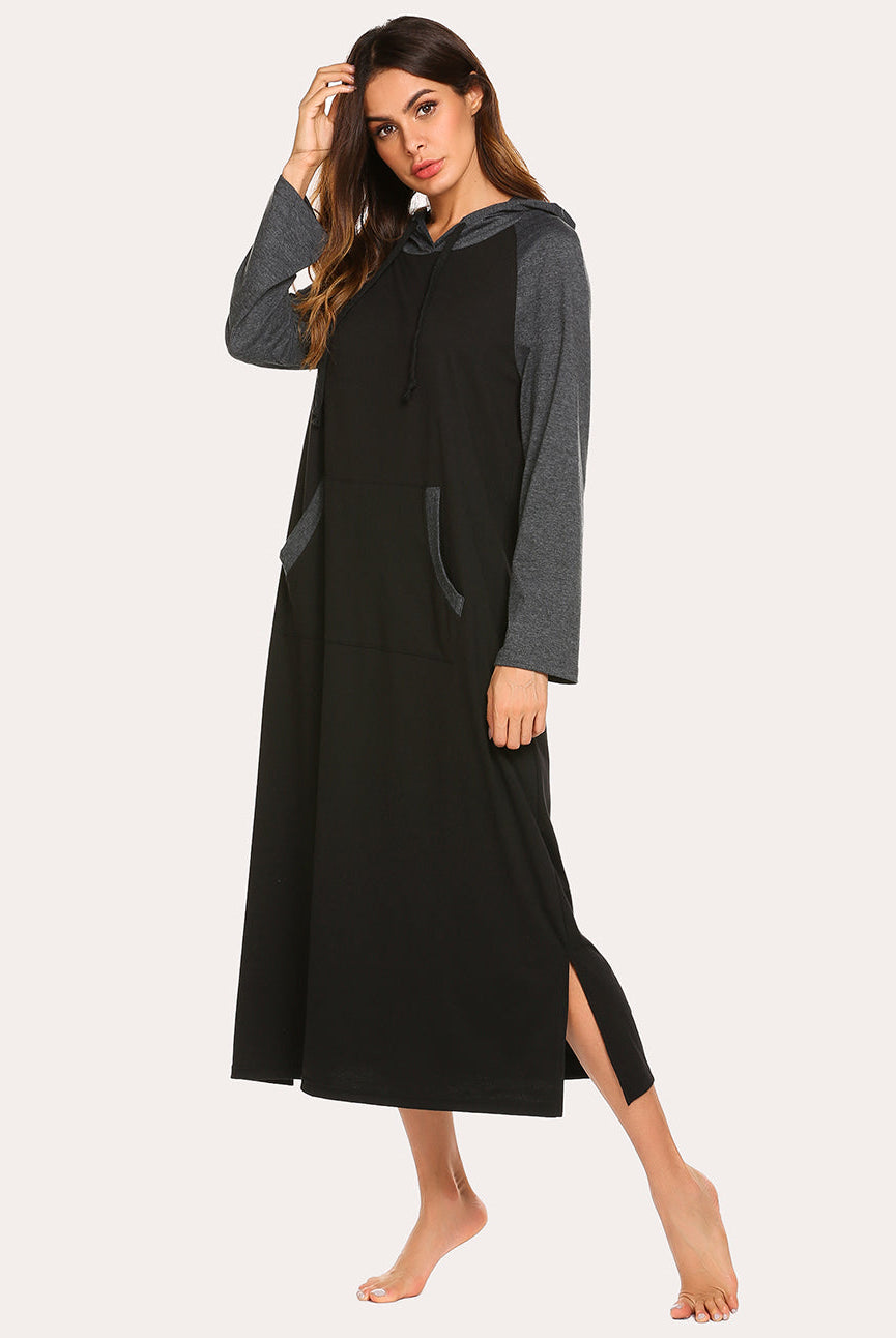Black hooded nightdress with contrast gray sleeves and hood drawstrings