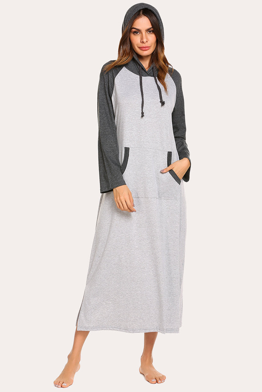 Contrast color hooded nightdress, heather gray body with dark gray hood, front view