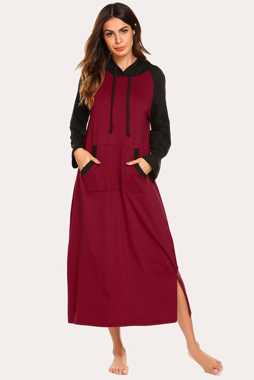 Contrast color hooded nightdress, wine red with black hood and sleeves, front pockets