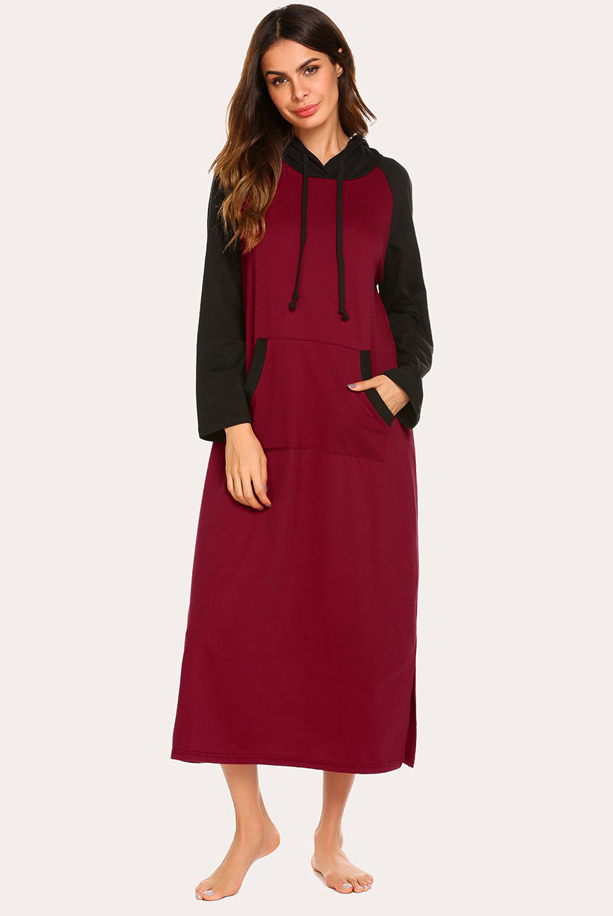Contrast color hooded nightdress, wine red body with black hood, long raglan sleeves