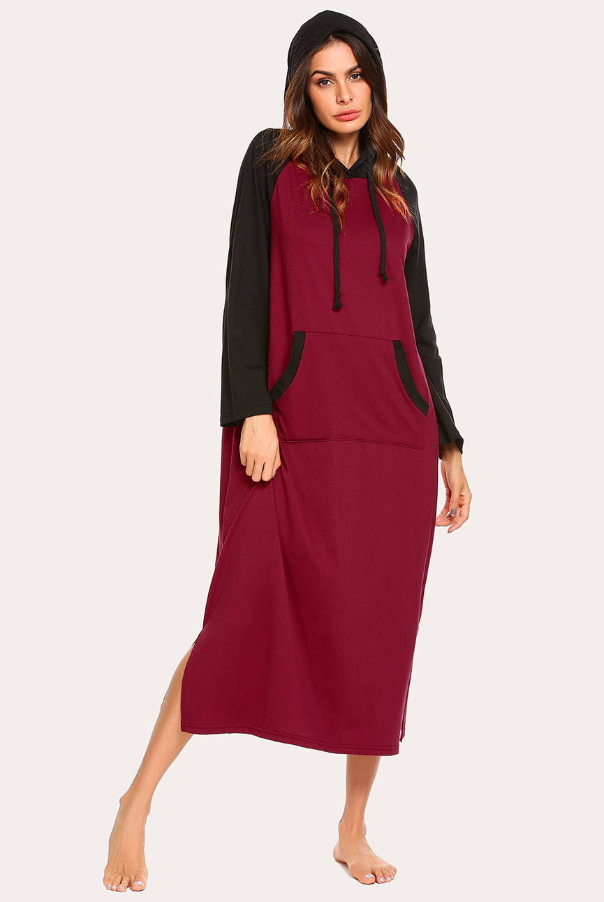 Contrast color hooded nightdress side view, wine red body with black contrast sleeves