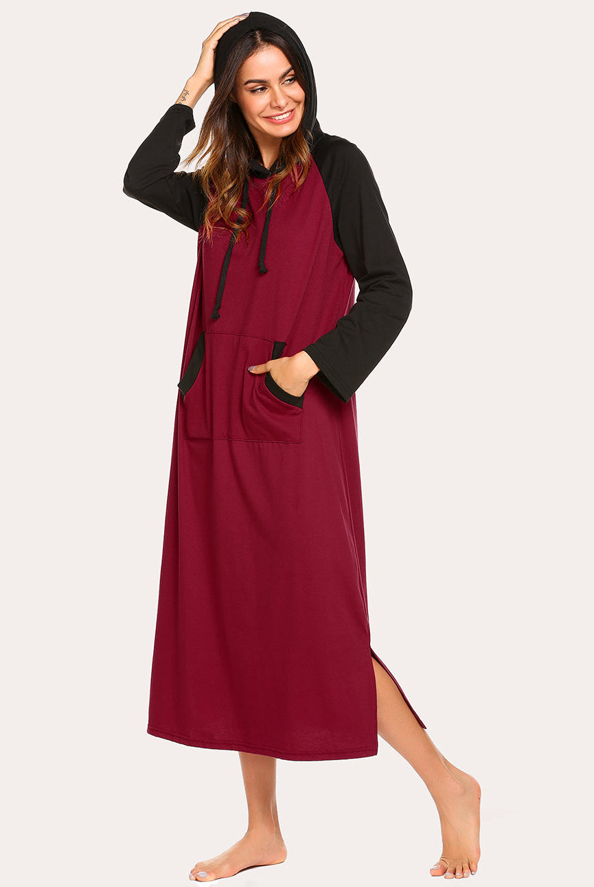 Contrast color hooded nightdress, wine red body with black hood and drawstring ties