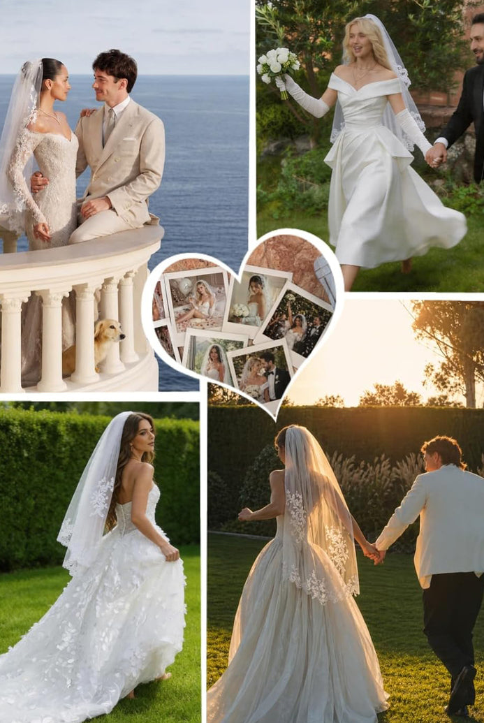 White fingertip-length bridal veil with scalloped lace edge and comb, shown on brides