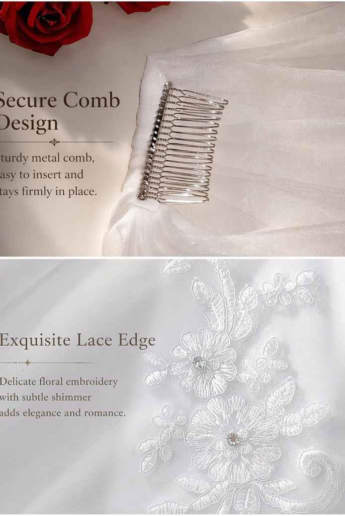White bridal veil close-up showing metal comb and floral scalloped lace edge