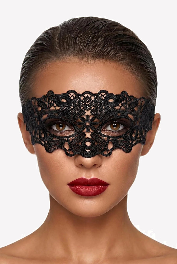 Black lace masquerade eye mask with ornate central cutout design