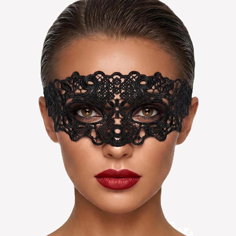 Black lace masquerade eye mask with ornate central cutout design