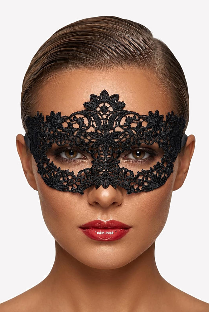Black lace masquerade eye mask with floral lace overlay and scalloped edges