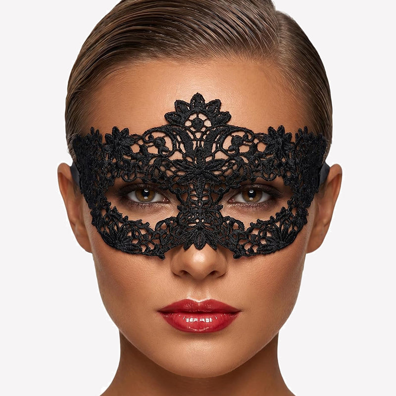 Black lace masquerade eye mask with floral lace overlay and scalloped edges