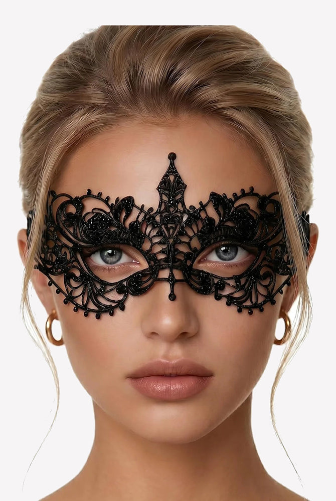 Black lace masquerade eye mask with symmetrical crown-like filigree detail