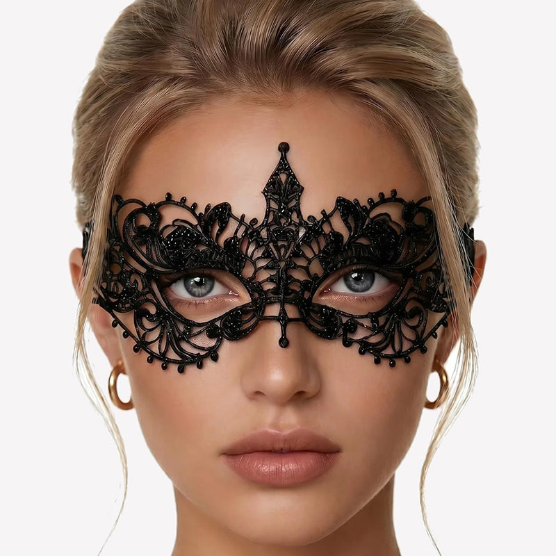 Black lace masquerade eye mask with symmetrical crown-like filigree detail