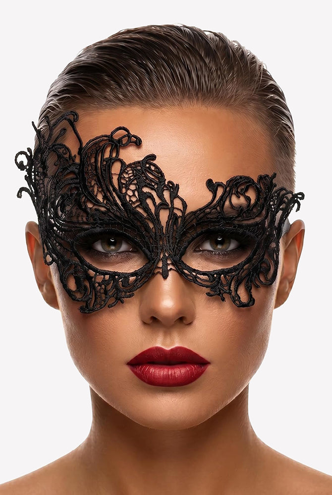 Black lace masquerade eye mask with dramatic winged filigree around the eyes