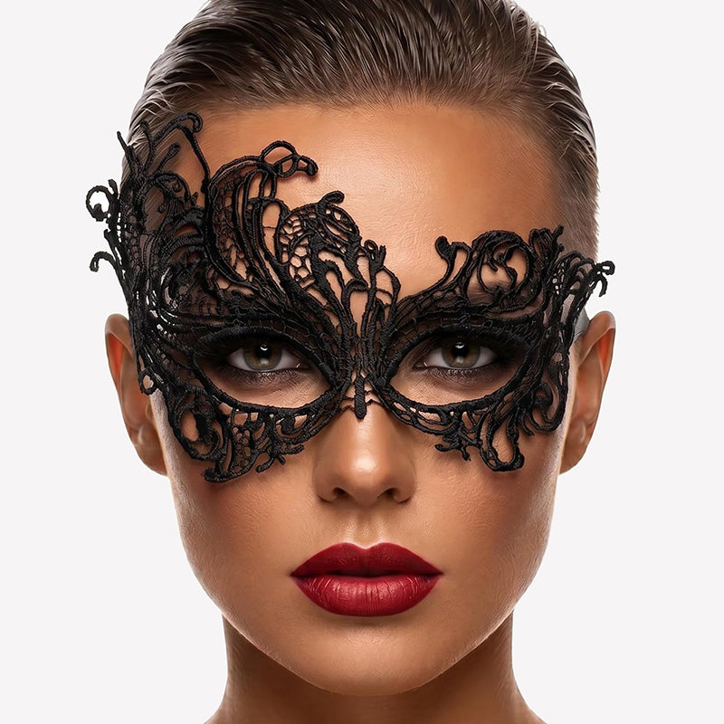 Black lace masquerade eye mask with dramatic winged filigree around the eyes