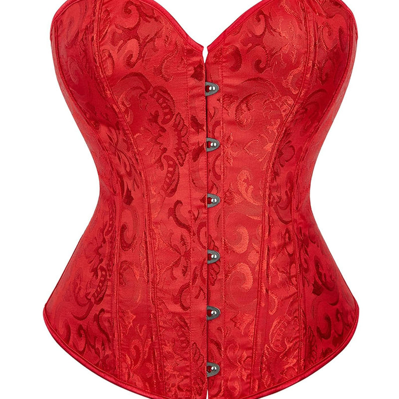 Red jacquard overbust corset with boned waist and front button busk closure