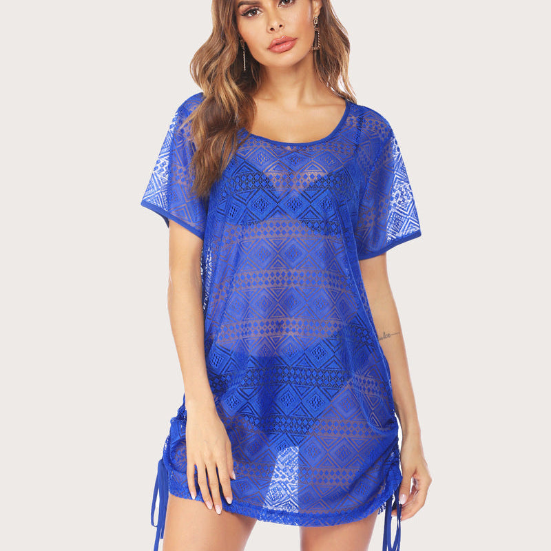 Blue lace beach cover-up with drawstring, ideal for beachwear and swimwear. Quick-drying material.